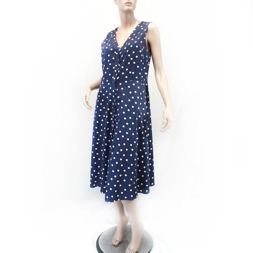 Boden women's retro style cotton satin navy polka dot buttoned lined dress US 10